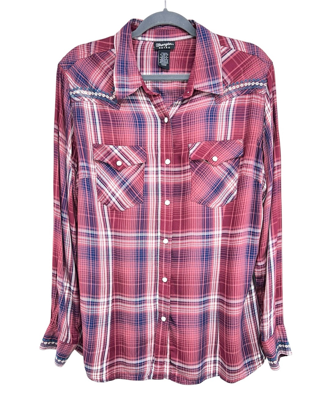 Wrangler Retro Plaid Pearl Snap Western Button Down Long Sleeve Shirt Womens XL - Picture 2 of 8